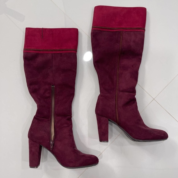 Rialto Red Cordelia Patchwork Boots Zipper Suede High Heel Knee High Almond 8M 8 - Picture 2 of 9